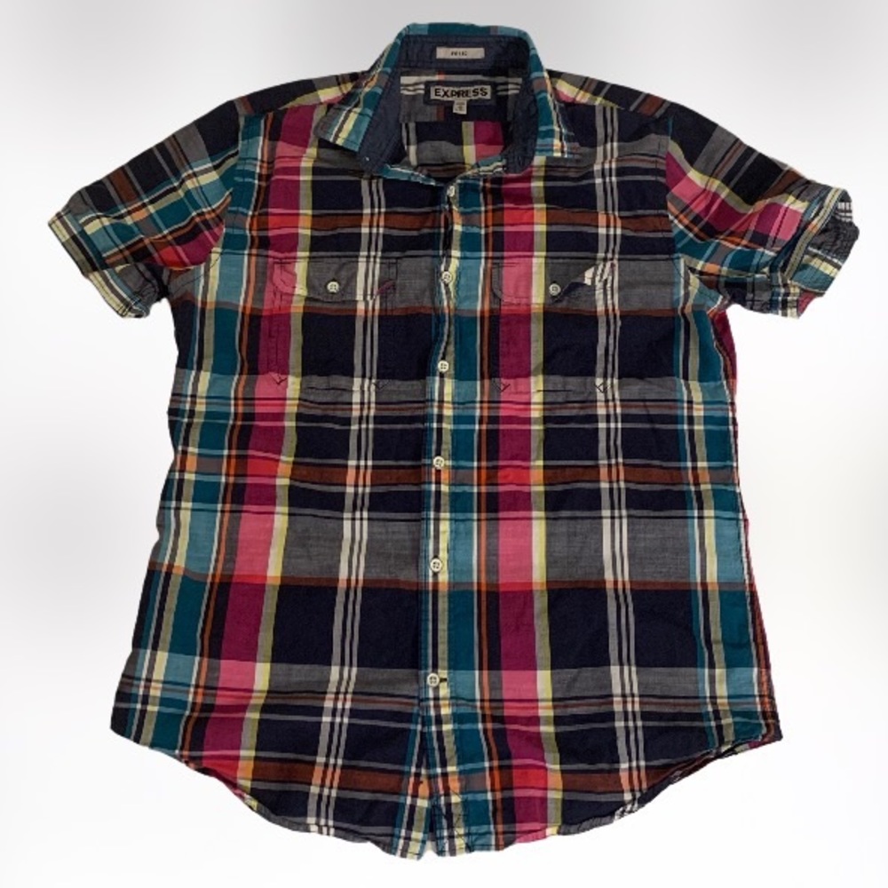 Express Plaid Cotton Shirt Blouse Short Sleeve Button Up Women’s Size M